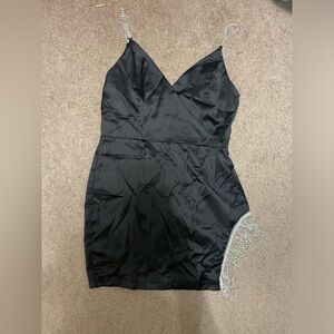 Black mini slip‎ dress with crystal straps and tassel side design